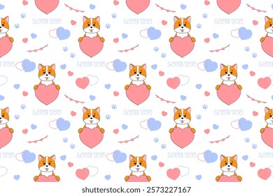 Corgi dog in love and hearts. Seamless pattern for Valentines day. Festive design for wrapping paper, fabric, wallpaper, cards. Vector illustration