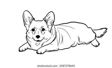 Corgi dog lying down. Short legs tail cute face. Pet adoption veterinary animal shelter. Line art outline sketch white background