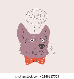 Corgi dog muzzle with speech bubble vector illustration. Dog wearing bowtie. Retro cartoon pet character isolated on grey background.