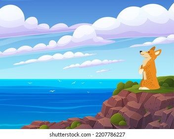 Corgi dog edge cliff vector illustration  Funny ginger puppy and short paws walking outdoor  Cute animal admiring sea view  nature landscape  Small dog spends time in mountains near seashore