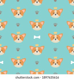 Corgi dog pattern on a blue background with paw prints, bones. For packaging, wrapping paper, textile  svg