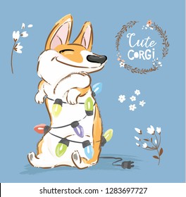 Corgi Dog Play Christmas Garland Vector Poster. Happy Fox Pet Character New Year Illustration Series with Flower. Little Orange Welsh Doggy Excited on Blue Background Flat Cartoon Print Banner.