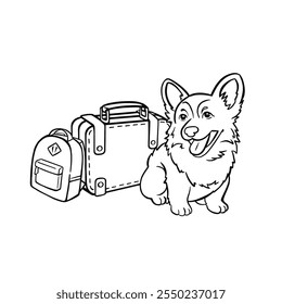 Corgi Dog Ready to Travel with Suitcases Coloring Page Line, Hand Drawn Vector Illustration