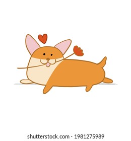 Corgi dog with red flower. Funny Puppy. Sketch for your design