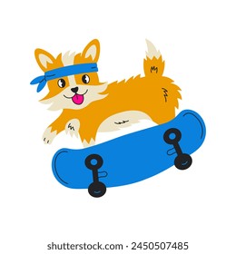 Corgi dog riding on skateboard vector illustration. Happy cartoon puppy in headband performing trick and jumping on penny board. 90s fllat design. Isolated on white background