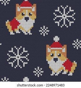 Corgi dog Santa Claus jacquard knitted seamless pattern for socks or sweatshirt design. Vector illustration.