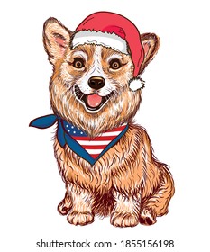 Corgi dog in santa hat. Corgi dog with usa bandana. Wall stickers. Sticker on the wall.	