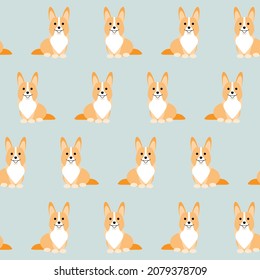 Corgi dog seamless pattern. Cute corgi sitting anfas, red and white color, with tail, on gray background. Funny cartoon pet character