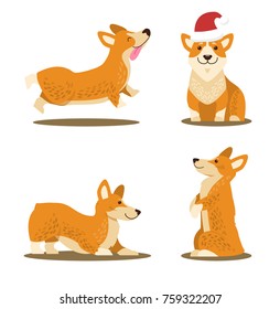 Corgi dog set of four icons isolated on white background. Vector illustration with friendly smiling puppy pets in different playing poses