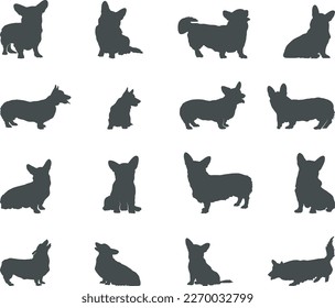 Corgi dog silhouettes, Corgi dog animal silhouette. Corgi silhouettes