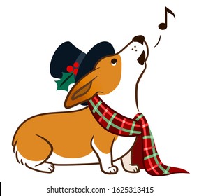 Corgi dog singing Chrismas carols, wearing top hat and plaid scarf with bow simple cute cartoon illustration. Humorous old-fashioned Victorian Christmas, pet lovers and dog themed design element.