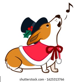 Corgi dog singing Chrismas carols, in top hat and red cape with bow simple cute cartoon illustration. Humorous old-fashioned Victorian Christmas, pet lovers and dog themed design element.