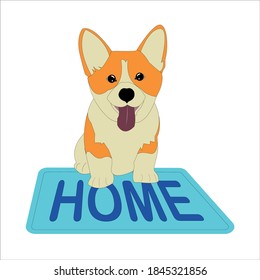 Corgi dog sitting on a mat with the inscription home isolated on a white background.Vector illustration for website design, packaging, stickers, print for T-shirts, clothes, phone cases, deck books