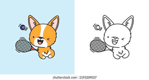 Corgi Dog Sportsman Clipart Multicolored and Black and White. Beautiful Puppy Athlete. Vector Illustration of a Kawaii Animal for Prints for Clothes, Stickers, Baby Shower, Coloring Pages.
