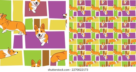Corgi dog summer bright wallpaper. Holiday abstract shapes square seamless background, repeatable pattern. Birthday wallpaper, Christmas present, print tiles. Simple puzzle with dogs, for pet lover.