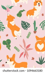 Corgi dog and tropical leaf elements, vector seamless pattern