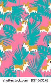 Corgi dog and tropical leaf elements, vector seamless pattern