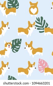 Corgi dog and tropical leaf elements, vector seamless pattern