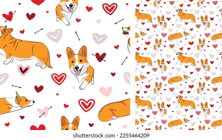 Corgi dog Valentine's day heart wallpaper. Love doodles hearts with pets holiday texture. square background, repeatable pattern. St Valentine's day wallpaper, valentine present, print tiles.