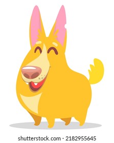 Corgi dog vector cartoon illustration. Cute friendly welsh corgi puppy sitting, smiling with tongue out isolated on white. Pets, animals, canine theme design element in contemporary simple flat style