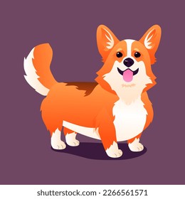 Corgi dog vector cartoon illustration. Cute friendly welsh corgi puppy sitting, smiling with tongue out isolated on white. Pets, animals, canine theme design element in contemporary simple flat style