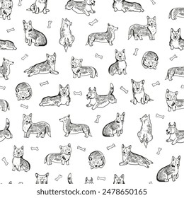 Corgi dog vector illustrations seamless pattern.