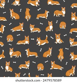 Corgi dog vector illustrations seamless pattern.