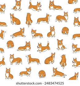 Corgi dog vector illustrations seamless pattern.