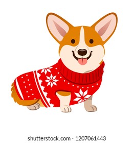 Corgi dog wearing a Christmas red sweater with Nordic snowflake pattern vector cartoon illustration isolated on white. Funny humorous Christmas, pet lover, pet clothes theme design element.