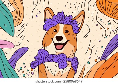 Corgi dog wearing purple scarf playful theme colorful abstract background with leaves and dots cheerful design for website banner or mobile app screen