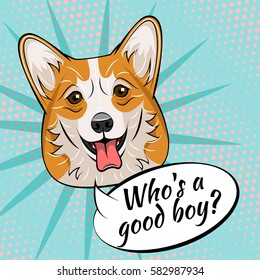 Corgi dog. Who is a good boy. Vector illustration isolated on pop art background