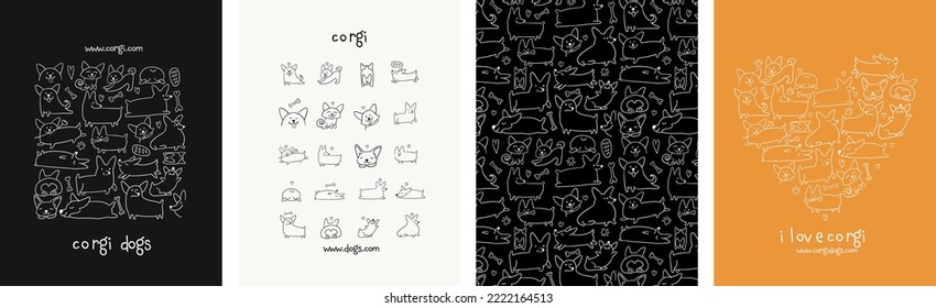 Corgi dogs collection. Frame, pattern, icons, heart shape. Set of hand drawn concept art for your design project - cards, banners, poster, web, print, social media, promotional materials. Vector