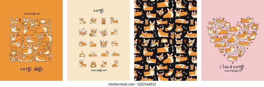 Corgi dogs collection. Frame, pattern, icons, heart shape. Set of hand drawn concept art for your design project - cards, banners, poster, web, print, social media, promotional materials. Vector