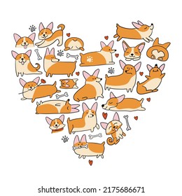 Corgi dogs. Funny Puppies collection. Heart concept for your design