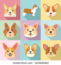 Corgi dogs icons set. Flat set of corgi dogs vector icons for web design