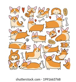 Corgi dogs set. Funny Puppies collection. Sketch for your design