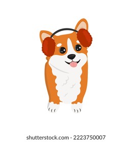 Corgi in Ohrmuffen. Hundevektorgrafik. Hübscher, freundlicher, weißer Corgi-Welpen, einzeln auf weißem Hintergrund.