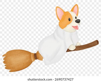 Corgi cão fantasma voando na vassoura vetor bonito de Halloween.