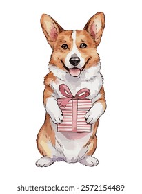 Corgi with giftbox watercolor vector illustration