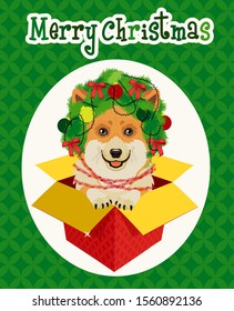 Corgi head with afro hairstyle styled into a Christmas tree with lights. Vector illustration.