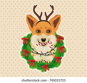 Corgi Head in Deer Antler Christmas decor and Wreath. Vector Illustration.