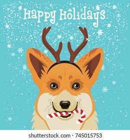 Corgi Head in Deer Antler Christmas decor. Vector Illustration.