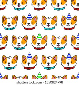 Corgi head vector cartoon seamless pattern. Cute dog background for wallpaper, wrapping, packing and backdrop.