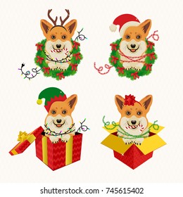 Corgi Heads in Deer Antler Christmas decor, Santa and Elf Hat, Gift Boxes and Wreath. Vector Illustration.