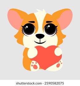 corgi holding a red heart with big shiny eyes and a loving expression. The fluffy puppy radiates warmth and affection, perfect for Valentine's Day designs, greeting cards, stickers, and digital art