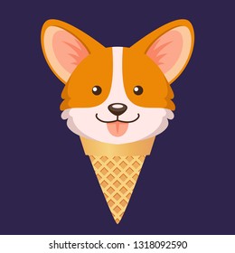 Corgi ice cream. Cute puppy cartoon in a waffle cone