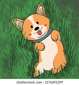 Corgi lies on her back and smiles, against the background of her meadows and fields