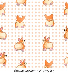 Corgi lying with dots background funny cartoons hand draw seamless pattern. Dogs kids doodle repeater background for textile, gift wrapp, wallpaper or another design
