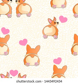 Corgi lying with hearts paws and speech bubble funny hand draw cartoons seamless pattern. Dogs kids doodle repeater backgrounds for textile, postcard, wallpaper, gift wrapp or another your design