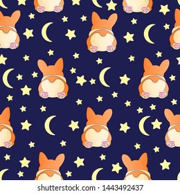 Corgi lying with moons and stars paws and speech bubble funny hand draw cartoons seamless pattern. Dogs kids doodle repeater backgrounds for textile, postcard, wallpaper, gift wrapp